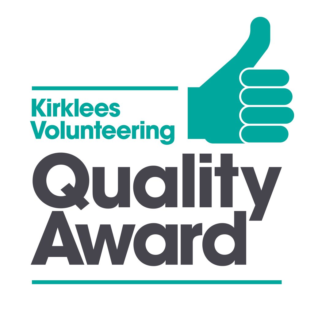 Kirklees Volunteering Quality Award. The award has a thumbs up as the icon.